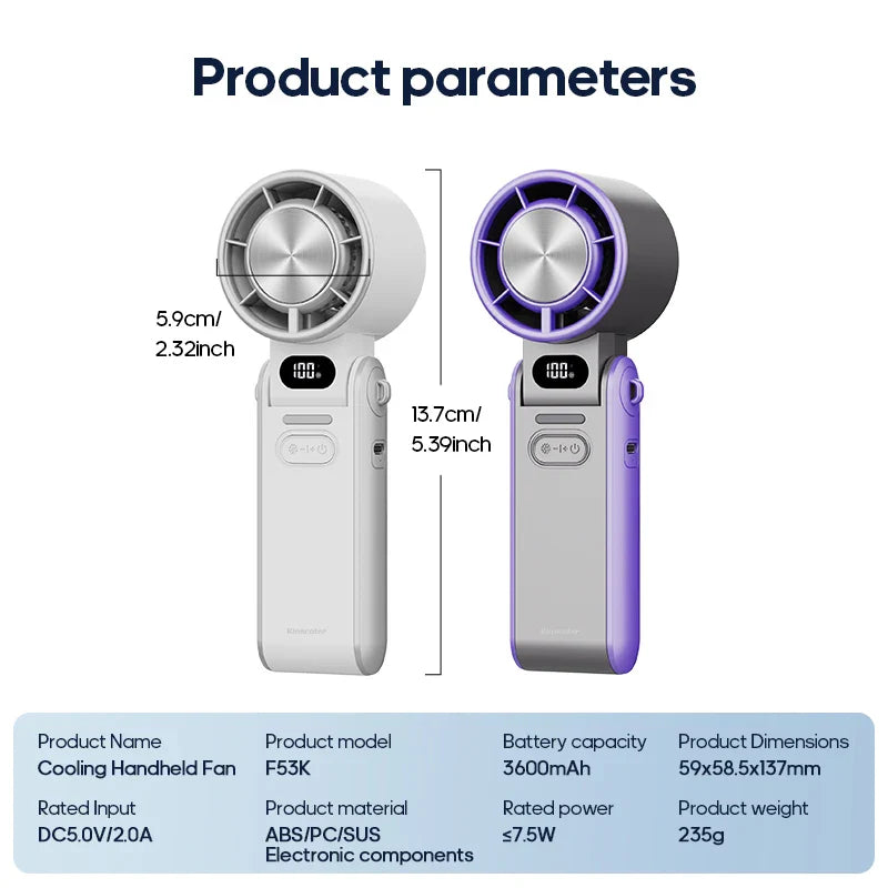 Portable 3600mAh Handheld Fan with Turbo